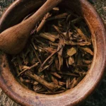 Cup of Hojicha Japanese tea with leaves and teapot.