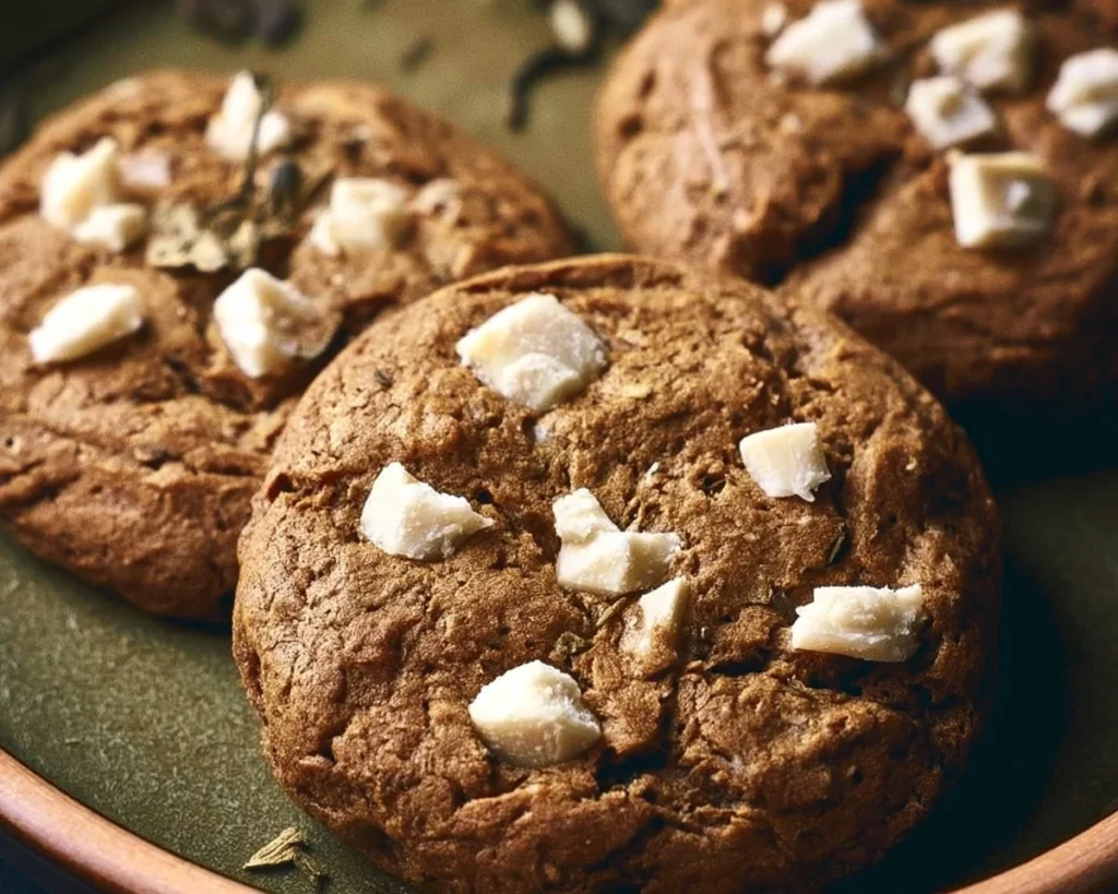 Hojicha white chocolate chunk cookies on a cooling rack