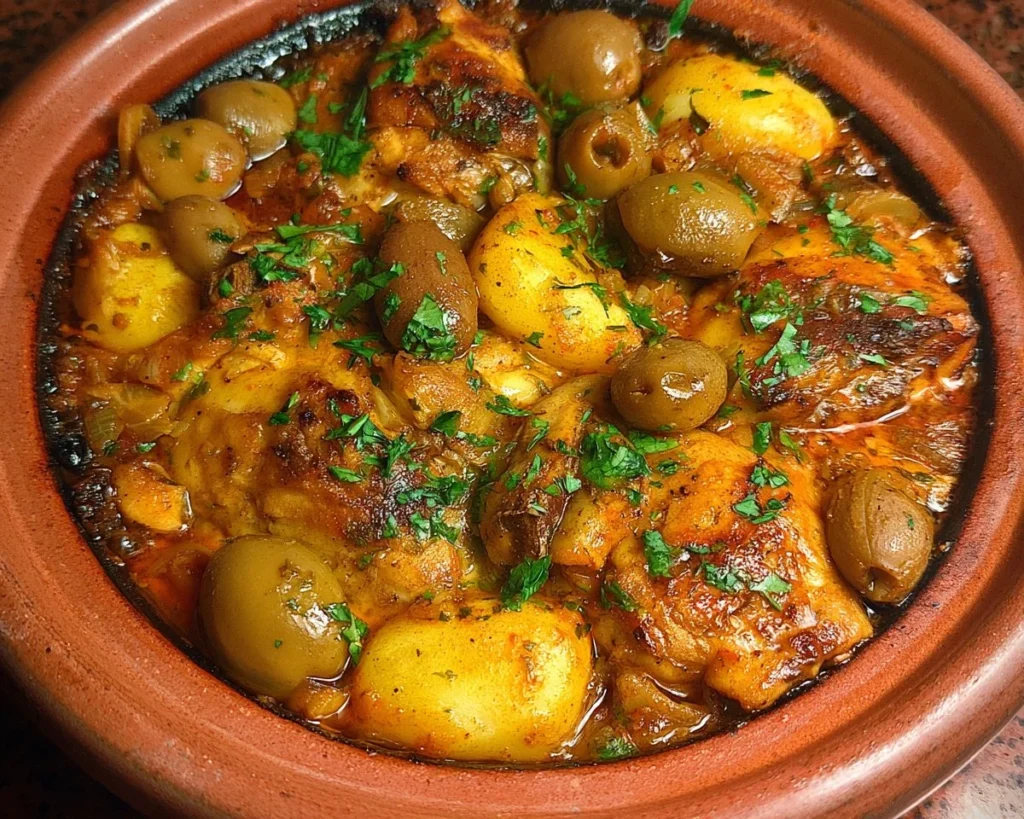 Delicious Moroccan chicken tajine served with vegetables and spices.