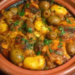 Delicious Moroccan chicken tajine served with vegetables and spices.