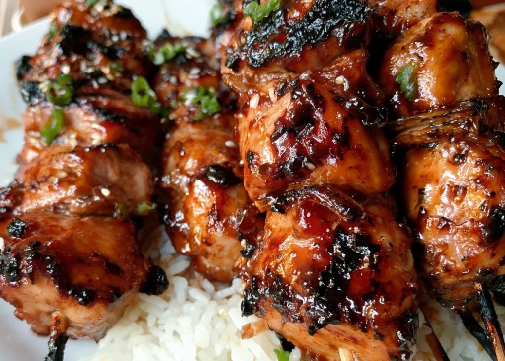 Grilled Huli Huli Chicken skewers glazed with a sweet and savory sauce