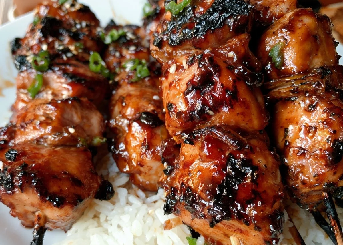 Grilled Huli Huli Chicken skewers glazed with a sweet and savory sauce