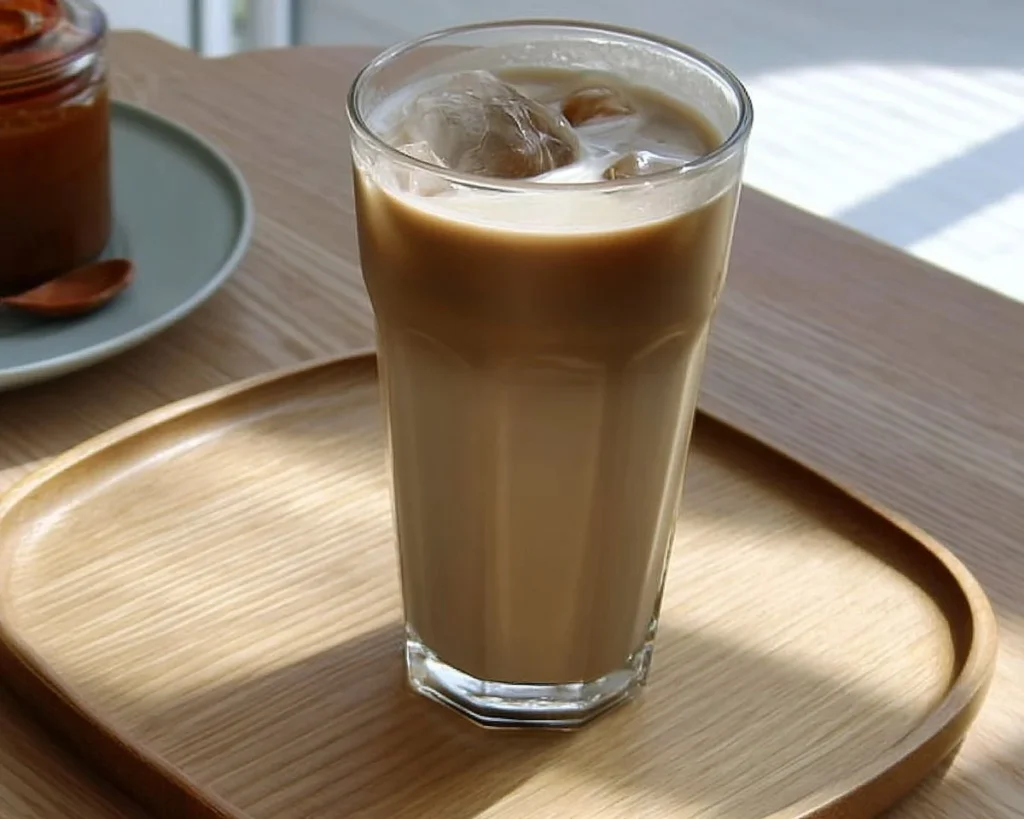 Iced Maple Hojicha Latte in a glass with maple syrup drizzle.