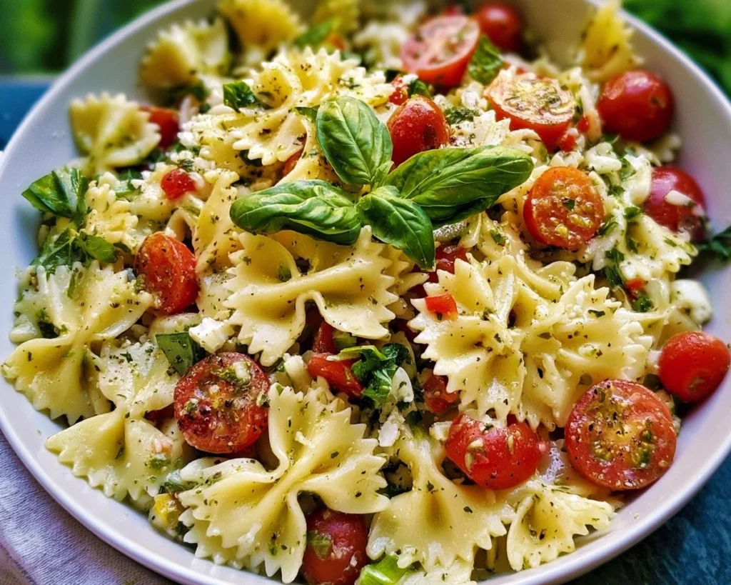 Colorful Italian Bow Tie Pasta Salad with fresh vegetables and herbs