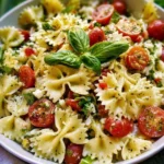 Colorful Italian Bow Tie Pasta Salad with fresh vegetables and herbs