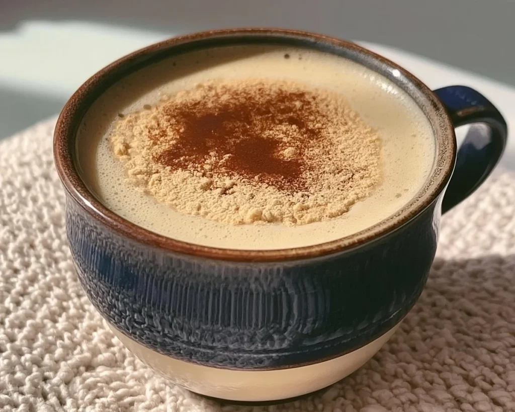 A delicious Kinako Hojicha Latte topped with frothy milk and kinako powder.