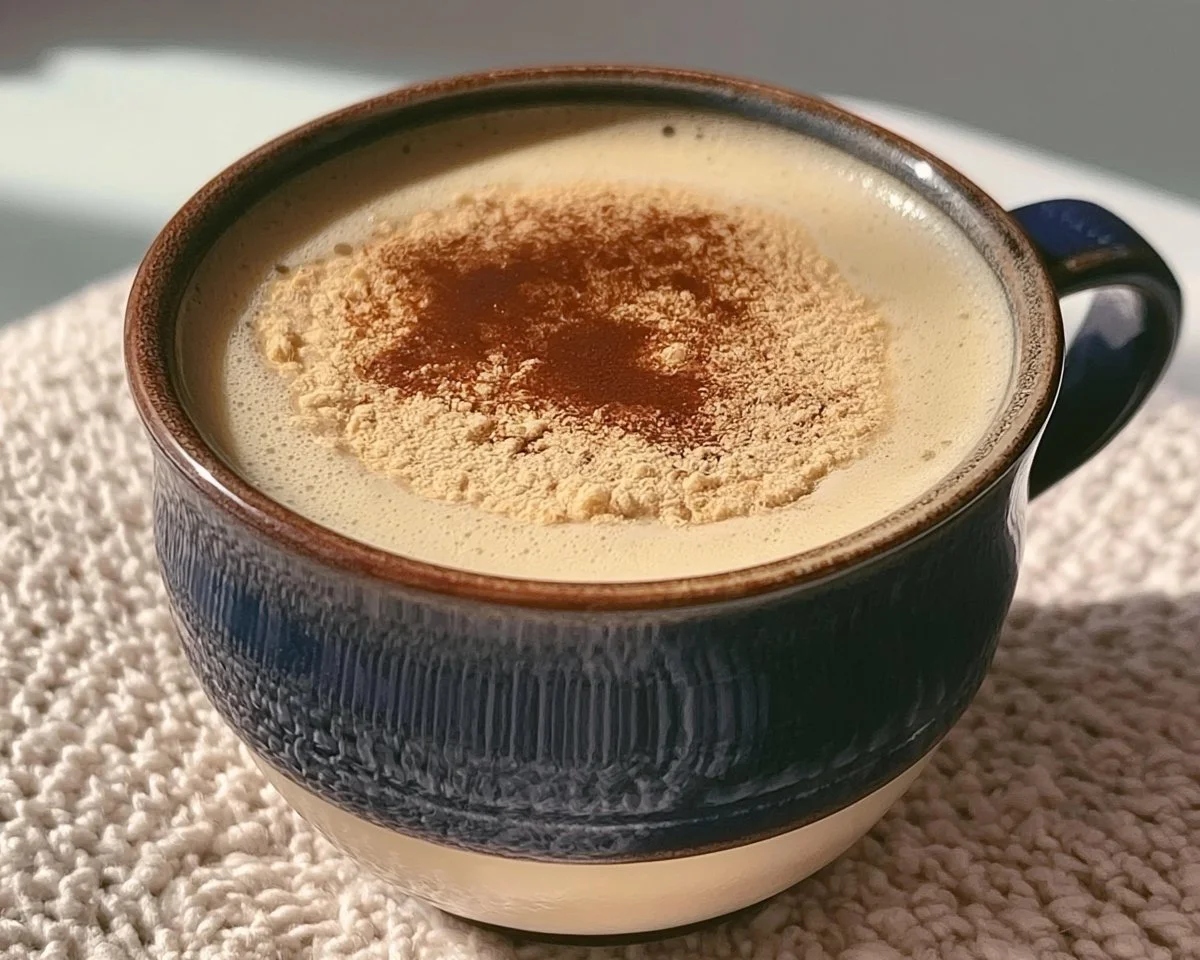 A delicious Kinako Hojicha Latte topped with frothy milk and kinako powder.