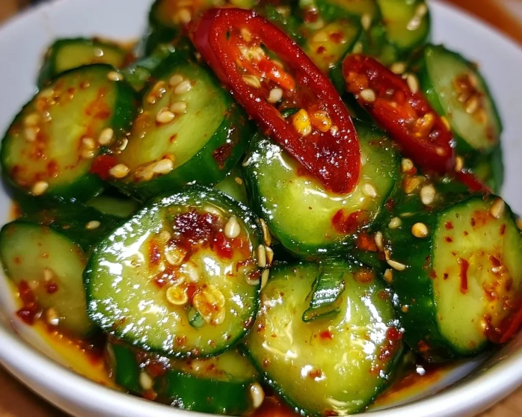 A vibrant Korean Cucumber Salad served in a bowl, showcasing fresh cucumbers and seasonings.
