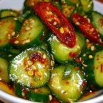 A vibrant Korean Cucumber Salad served in a bowl, showcasing fresh cucumbers and seasonings.