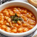 Bowl of Moroccan Loubia stewed white beans garnished with herbs