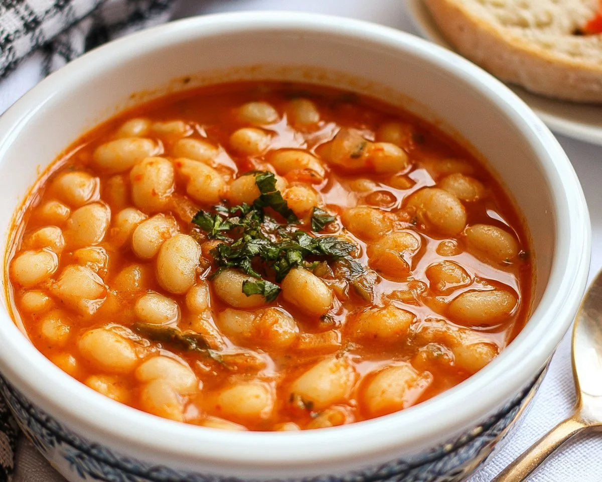 Bowl of Moroccan Loubia stewed white beans garnished with herbs