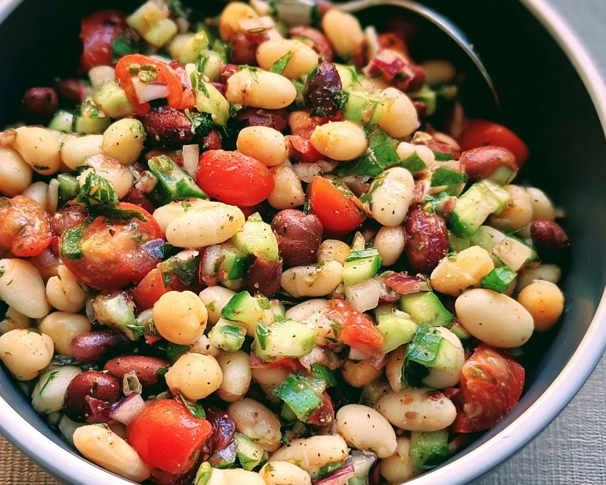 Colorful Mediterranean Bean Salad with beans, vegetables, and herbs in a bowl.