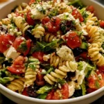 Mediterranean Feta Pasta Salad with colorful vegetables and olives