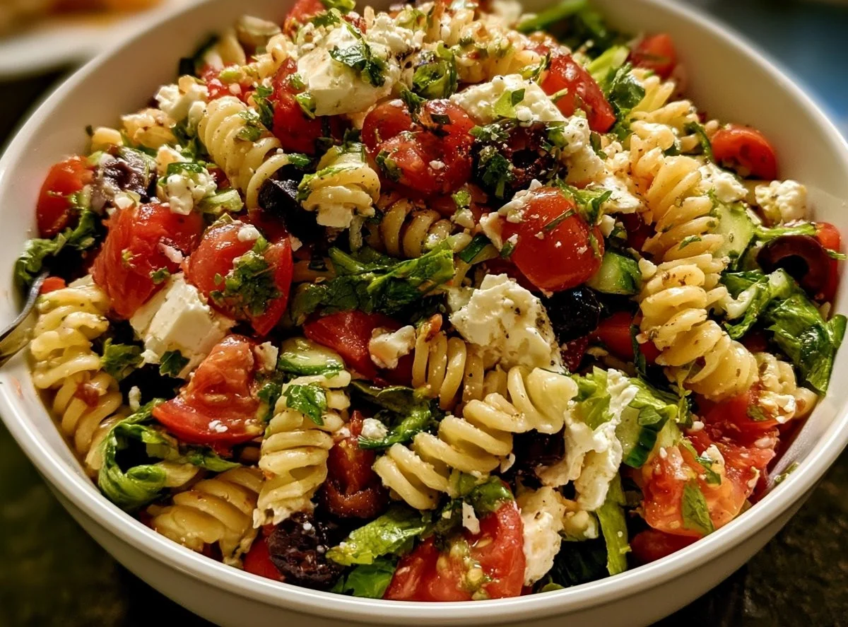 Mediterranean Feta Pasta Salad with colorful vegetables and olives