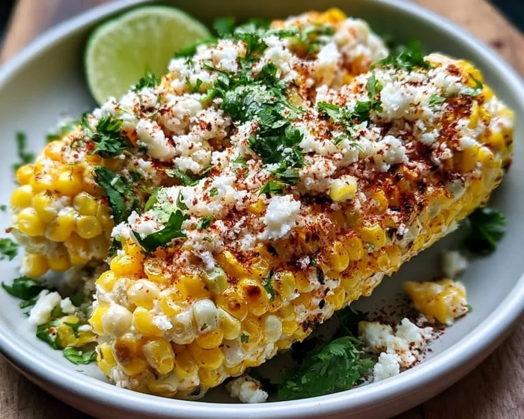 Delicious Mexican street corn with cheese, lime, and spices served on a cob