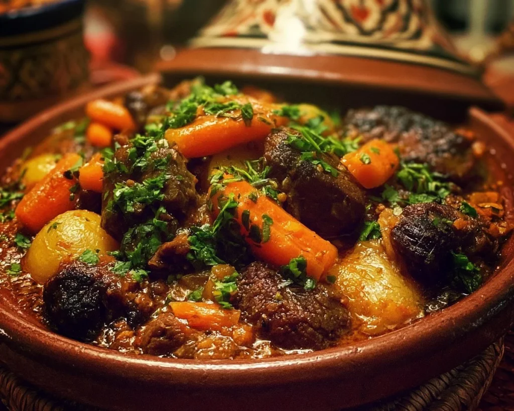 Delicious Moroccan Beef Stew with spices and vegetables in a rustic bowl