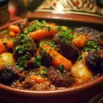 Delicious Moroccan Beef Stew with spices and vegetables in a rustic bowl