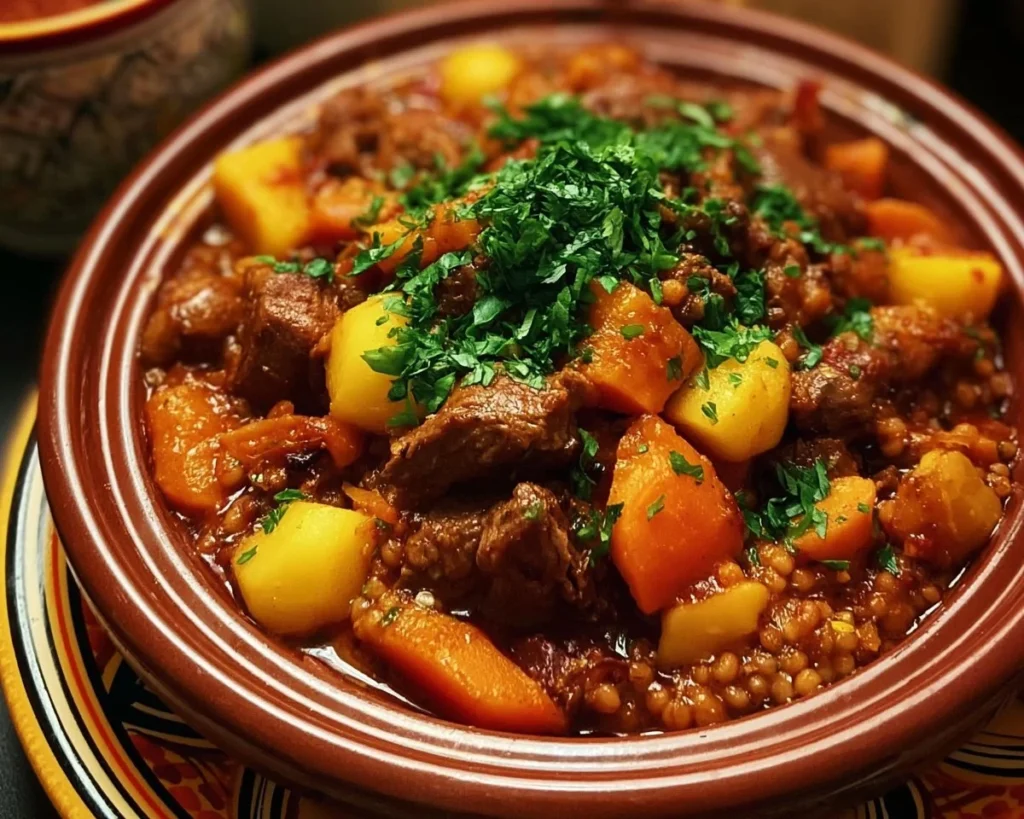 Delicious Moroccan beef stew simmering with spices and vegetables