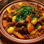 Delicious Moroccan beef stew simmering with spices and vegetables