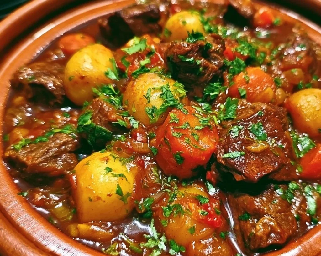 Delicious Moroccan beef tagine garnished with herbs and served with couscous.