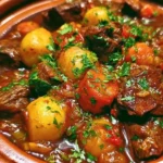 Delicious Moroccan beef tagine garnished with herbs and served with couscous.