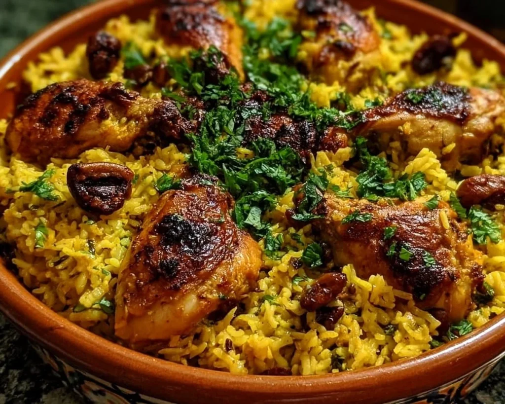 Delicious Moroccan Chicken served with seasoned rice and vegetables