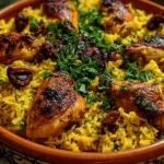 Delicious Moroccan Chicken served with seasoned rice and vegetables