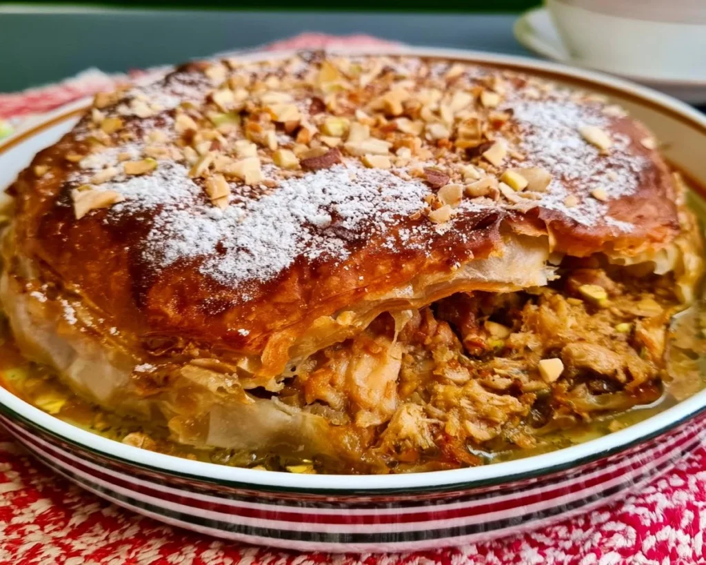Delicious Moroccan Chicken Pie with spices and flaky crust.