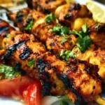 Moroccan Chicken skewers seasoned with spices and grilled for a tasty meal.
