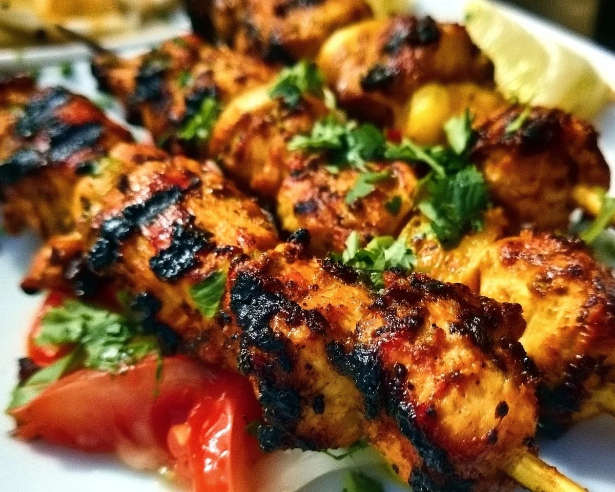 Moroccan Chicken skewers seasoned with spices and grilled for a tasty meal.