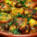 Delicious Moroccan Chicken Stew garnished with herbs and spices.