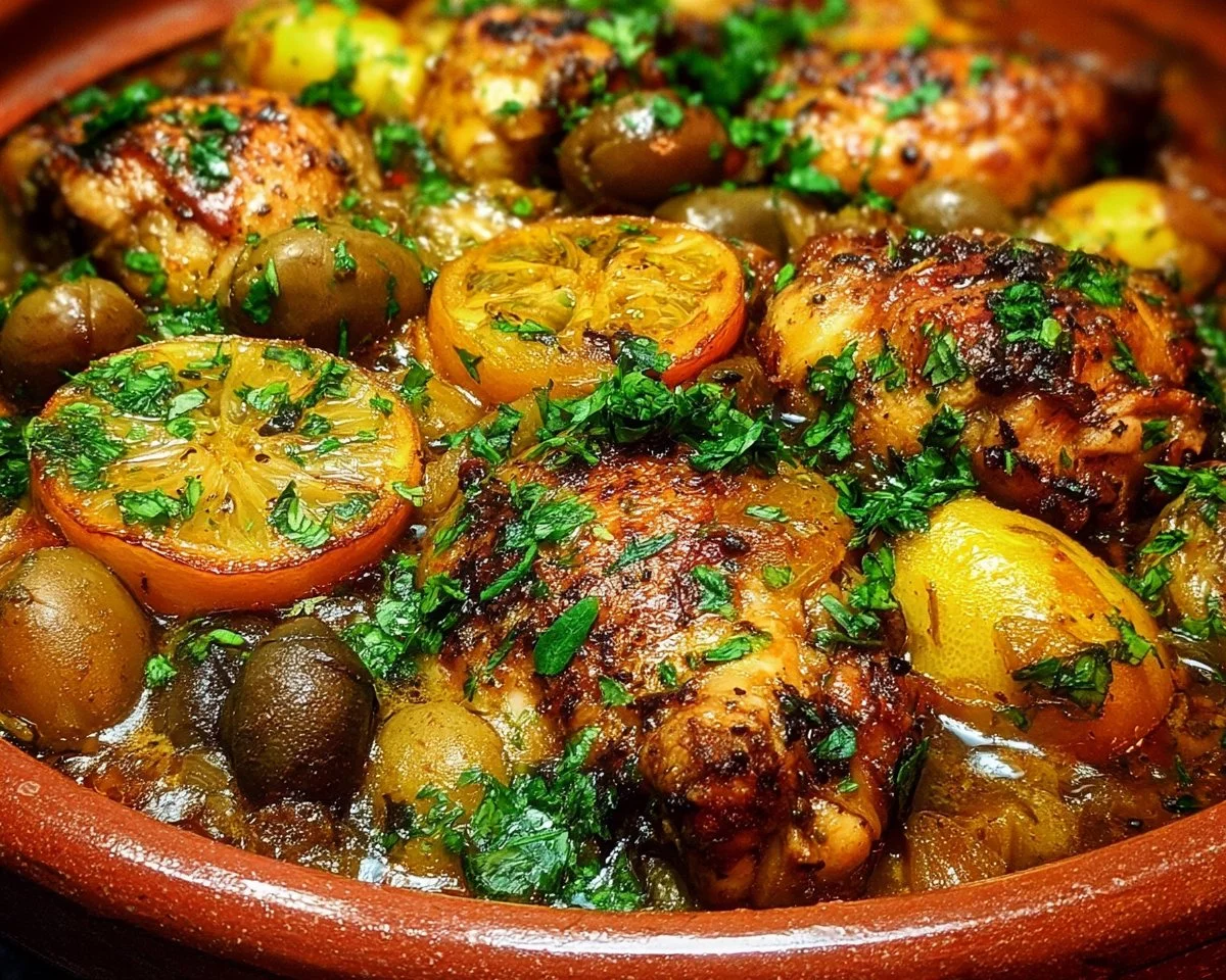 Delicious Moroccan Chicken Stew garnished with herbs and spices.