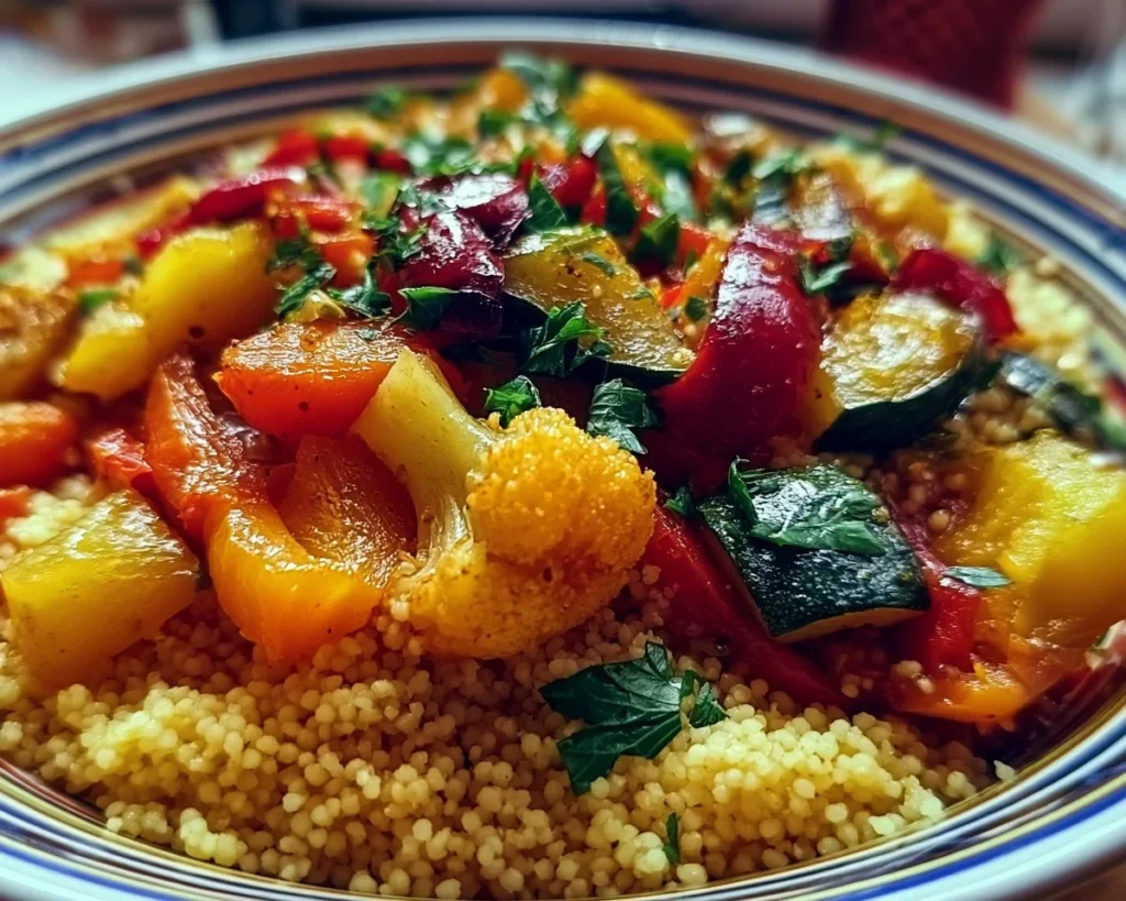 Bowl of Moroccan Couscous with Roast Vegetables garnished with herbs