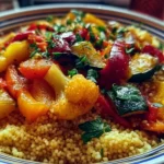 Bowl of Moroccan Couscous with Roast Vegetables garnished with herbs