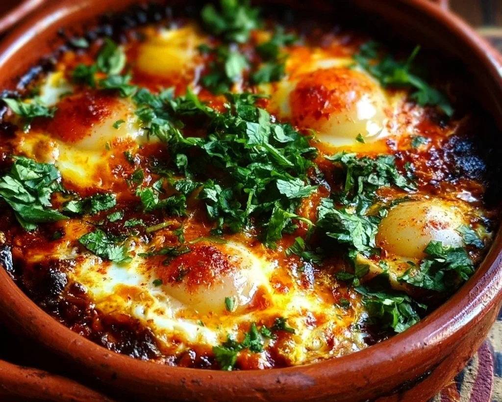 A vibrant plate of Moroccan Eggs garnished with herbs and spices.