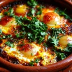 A vibrant plate of Moroccan Eggs garnished with herbs and spices.
