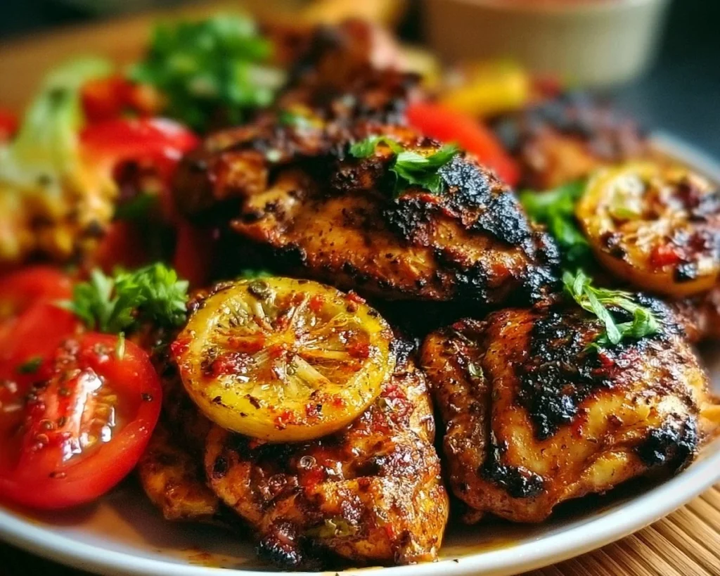 Plate of spicy Moroccan Harissa Chicken garnished with herbs