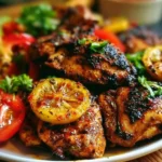 Plate of spicy Moroccan Harissa Chicken garnished with herbs