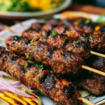 Moroccan Kefta Kebabs served with herbs and spices on a platter
