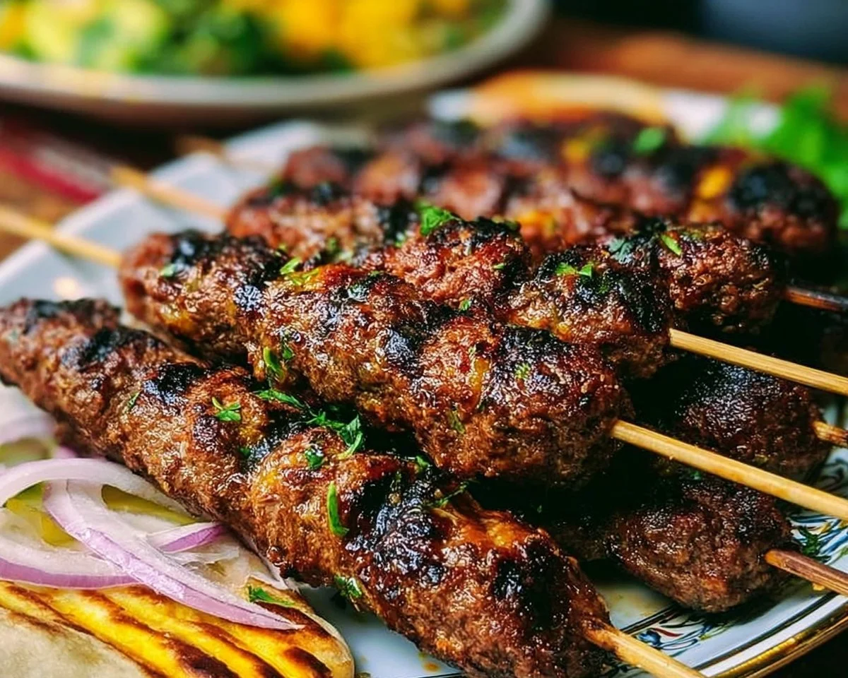 Moroccan Kefta Kebabs served with herbs and spices on a platter