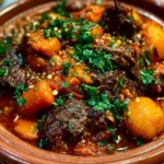 A bowl of Moroccan lamb stew garnished with herbs and spices