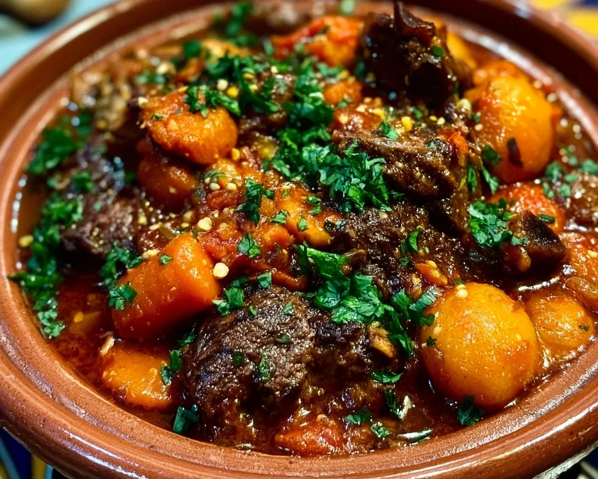 A bowl of Moroccan lamb stew garnished with herbs and spices