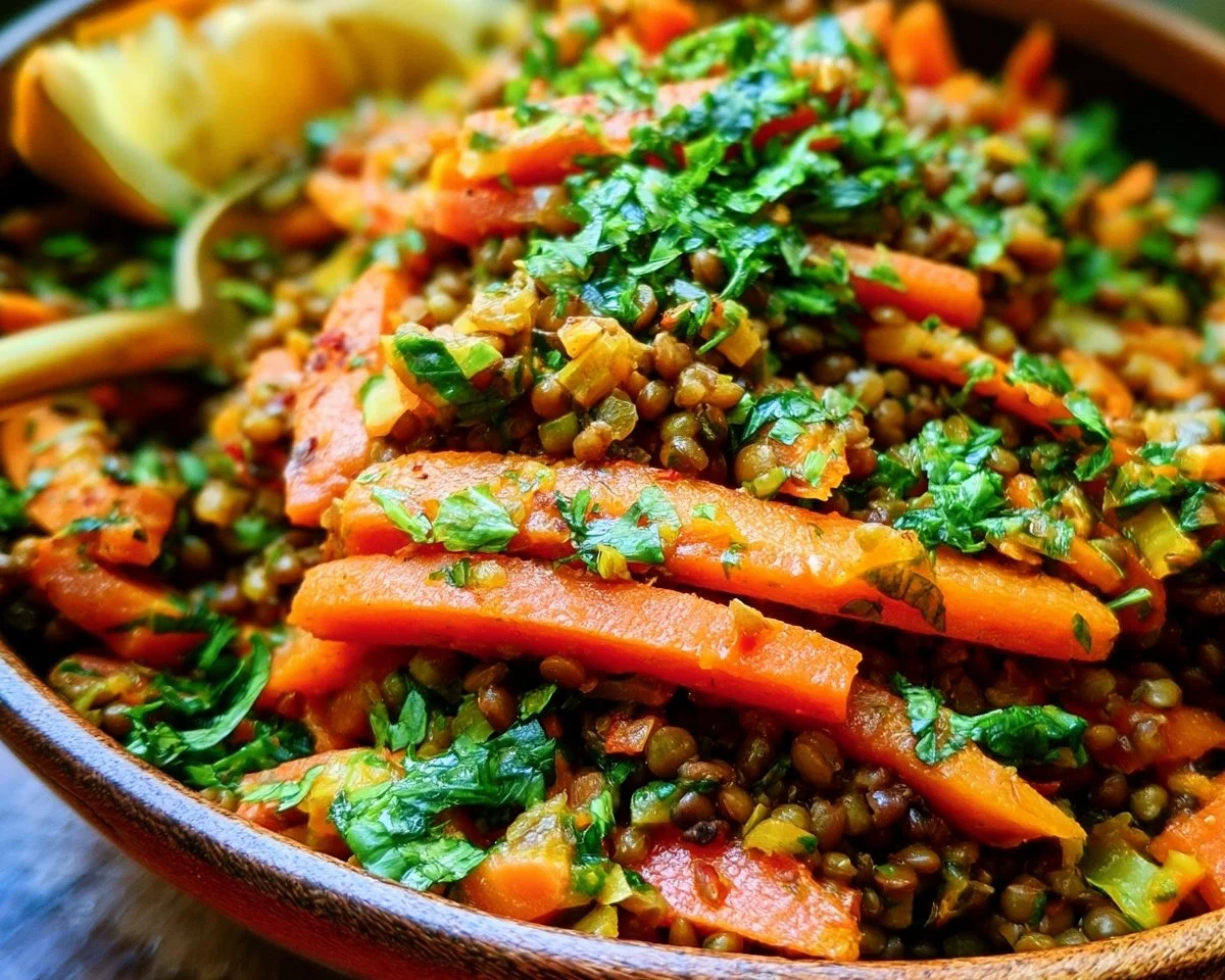 Colorful Moroccan Lentil Carrot Salad served in a bowl with fresh vegetables