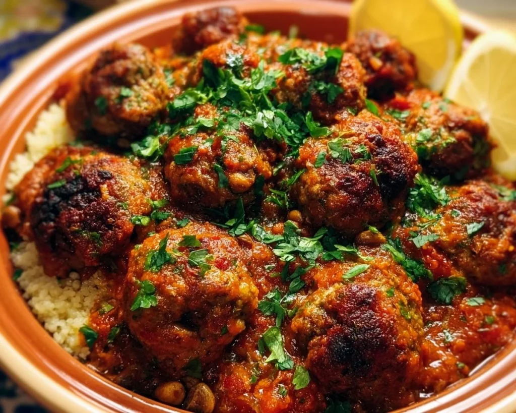 Delicious Moroccan Meatballs (Kefta Mkaoura) served on a plate with fresh herbs.