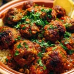 Delicious Moroccan Meatballs (Kefta Mkaoura) served on a plate with fresh herbs.