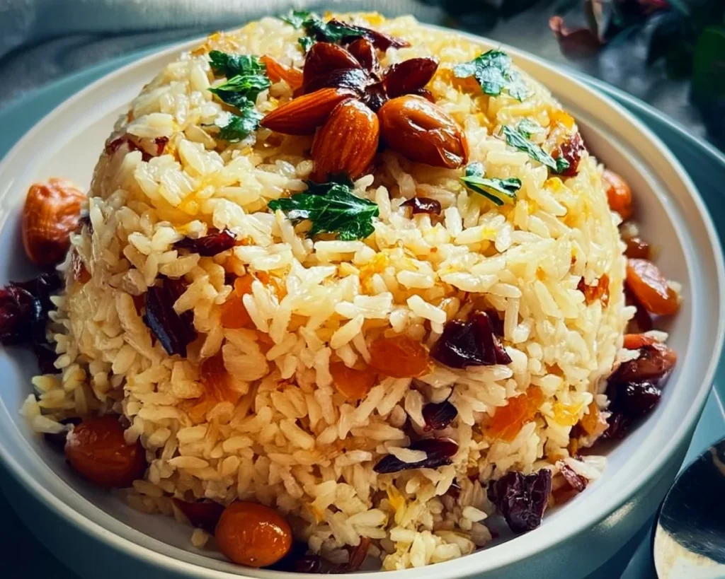 A fragrant bowl of Moroccan Rice Pilaf with spices and nuts.
