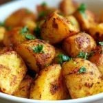 Dish of Moroccan roasted potatoes garnished with spices and herbs
