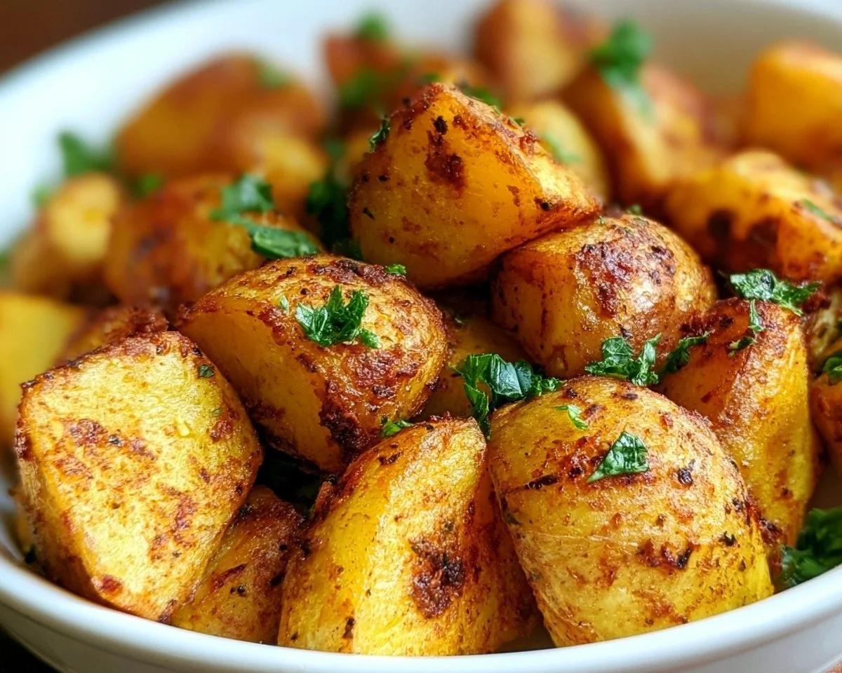 Dish of Moroccan roasted potatoes garnished with spices and herbs