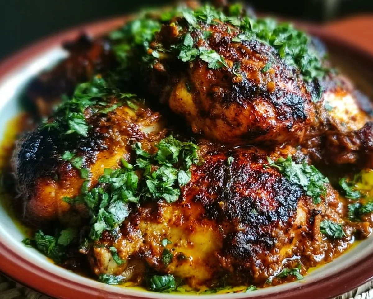 Moroccan Spiced Chicken garnished with fresh herbs and spices