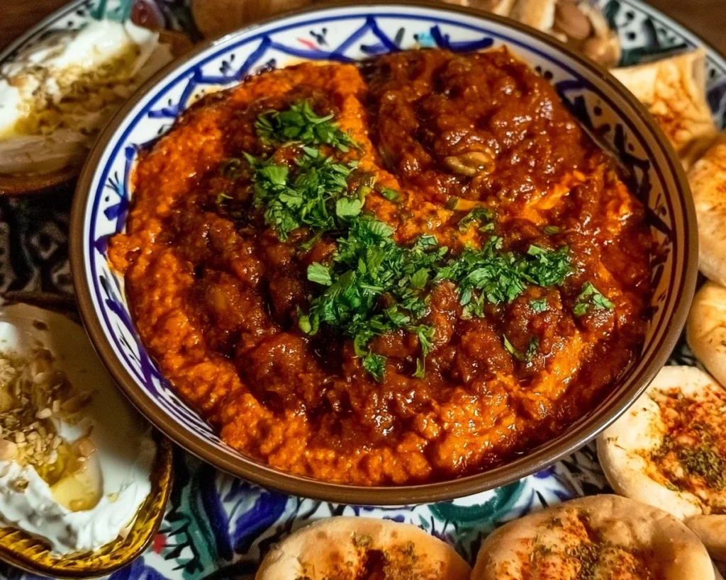 A platter of various Moroccan dips and starters ready to serve.